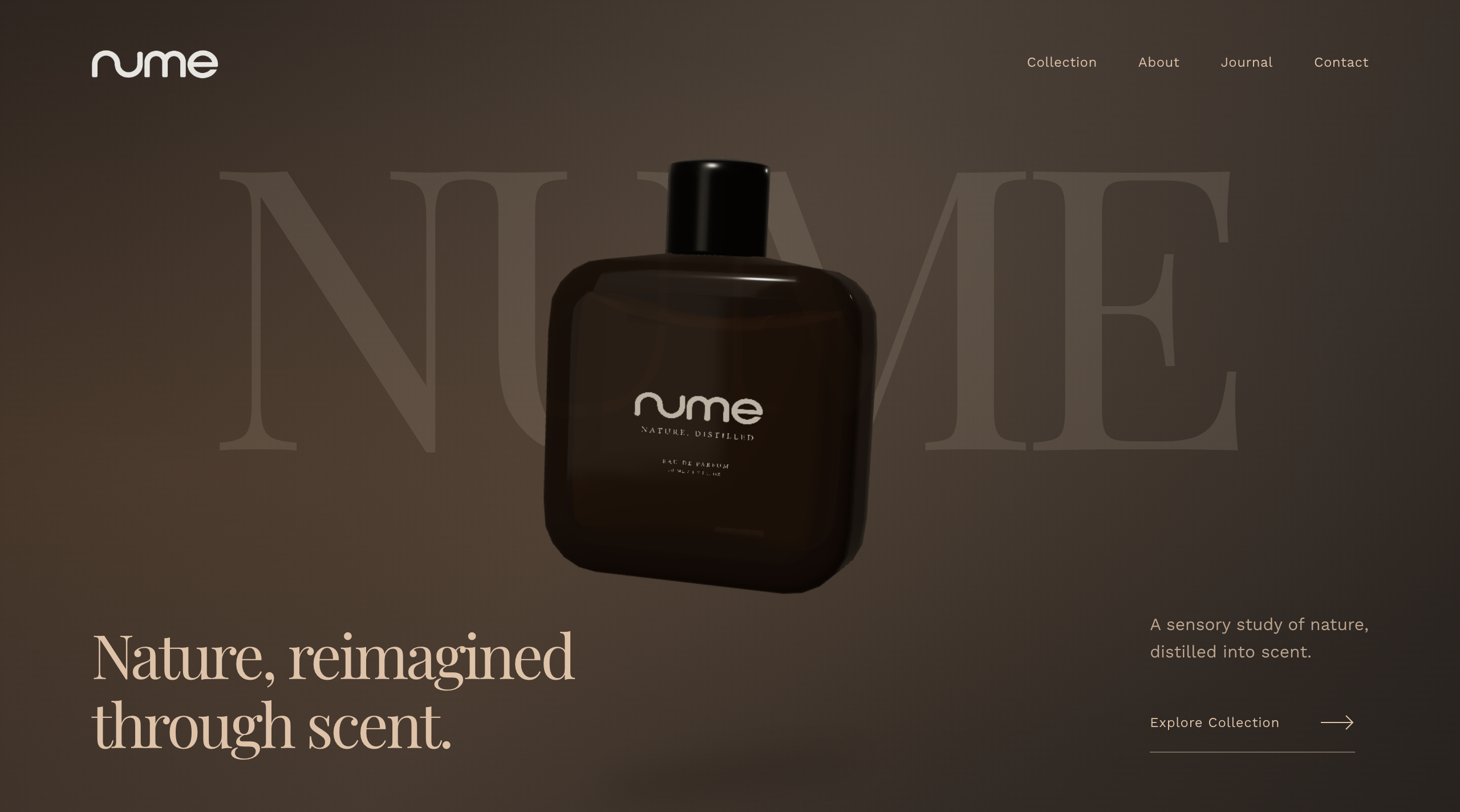 NUME fragrance website homepage with a central perfume bottle and editorial typography